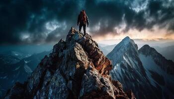 in piedi su montagna picco, uno persona conquista estremo terreno generato di ai foto