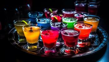 vita notturna celebrazione con Multi colorato cocktail, rinfrescante whisky e Tequila scatti generato di ai foto