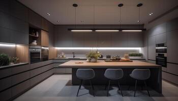 moderno cucina design con lusso legna pavimentazione e inossidabile acciaio elettrodomestici generato di ai foto