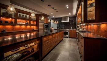 moderno lusso cucina design con elegante legna e inossidabile acciaio materiale generato di ai foto