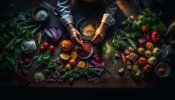 salutare vegetariano pasto con fresco biologico verdure su rustico tavolo generato di ai foto