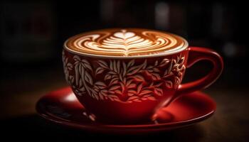 schiumoso cappuccino nel caffè tazza su tavolo a caffè negozio generato di ai foto