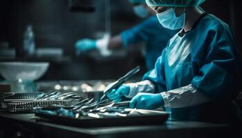 esperto chirurgo nel blu uniforme Tenere chirurgico attrezzatura nel laboratorio generato di ai foto