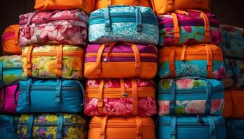 un' affollato mucchio di Multi colorato bagaglio per un' estate avventura generato di ai foto
