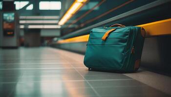 i viaggiatori in attesa su moderno pavimentazione per mezzi di trasporto a aeroporto partenza la zona generato di ai foto