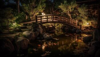 tranquillo scena di illuminato lanterne nel formale giardino a crepuscolo generato di ai foto