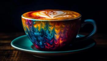 rustico caffè negozio tavolo con caldo cappuccino e schiumoso latte generato di ai foto