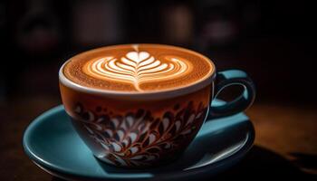 schiumoso caffè tazza su legna tavolo, caffeina dipendenza nel bar generato di ai foto