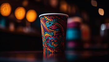 Multi colorato ceramica vaso si illumina luminosa tavolo nel buio bar generato di ai foto