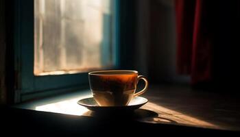 appena fermentato caffè nel rustico caffè negozio con schiumoso cappuccino generato di ai foto