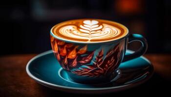 schiumoso cappuccino nel caffè tazza su legna tavolo, cuore decorazione generato di ai foto