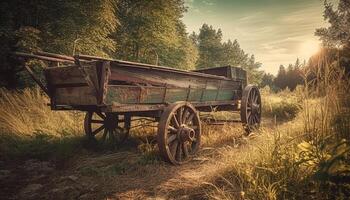 rustico cavallo carrello abbandonato nel tranquillo prato, Esposto alle intemperie e rotto generato di ai foto