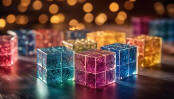 Multi colorato regalo scatola pila illuminato con luminosa Natale luci generativo ai foto