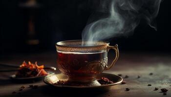 caldo bevanda su di legno tavolo, vapore in aumento, caffè tazza vicino su generativo ai foto