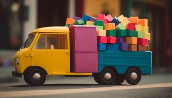 Multi colorato giocattolo camion trasporto regalo pacchetto nel città traffico generativo ai foto