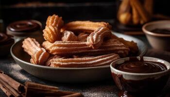 pila di fatti in casa dolci su rustico tavolo, pronto per mangiare indulgenza generativo ai foto