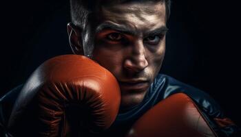 muscolare caucasico atleta punzonatura con determinazione nel kickboxing concorrenza generativo ai foto