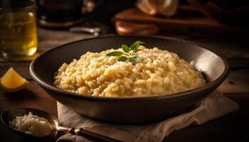 appena cucinato vegetariano risotto nel rustico di legno ciotola con parmigiano formaggio generativo ai foto