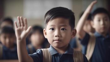 sorridente scuola bambini studiando al chiuso, messa a fuoco su elementare formazione scolastica sviluppo generativo ai foto