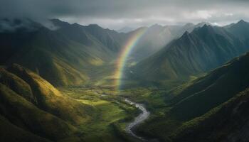 maestoso montagna gamma, tranquillo prato, arcobaleno natura bellezza generativo ai foto