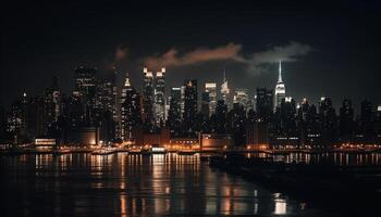 luminosa città orizzonte si illumina lungomare, famoso punto di riferimento nel crepuscolo silhouette generativo ai foto