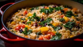 salutare vegetariano risotto con fresco biologico verdure e erbe aromatiche generativo ai foto