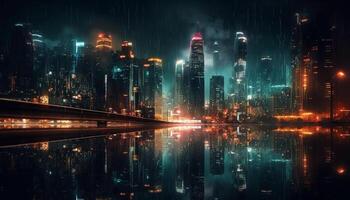moderno città orizzonte si illumina con vita notturna nel finanziario quartiere crepuscolo generativo ai foto