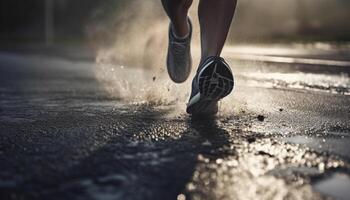 atleta in esecuzione nel bagnato natura, determinato per gli sport gara generativo ai foto