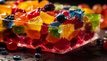 indulgente fatti in casa torta di formaggio con fresco frutti di bosco e Multi colorato decorazione generativo ai foto