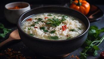 salutare vegetariano risotto con fresco coriandolo e al vapore basmati riso generato di ai foto