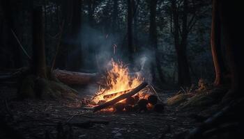 ardente fuoco di bivacco si illumina buio foresta, uomini raccogliere in giro raggiante inferno generativo ai foto