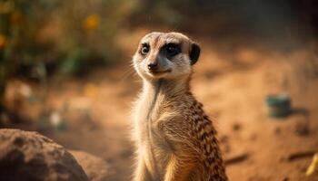 piccolo meerkat seduta mettere in guardia, Guardando natura bellezza nel Africa generativo ai foto