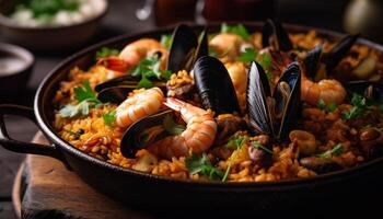 salutare frutti di mare paella cucinato con fresco cozze, gamberi, e scampi generato di ai foto