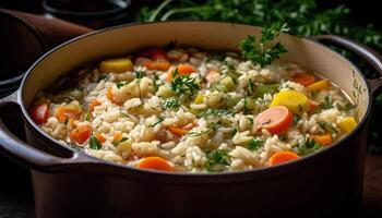 salutare vegetariano risotto con fresco verdure e erbe aromatiche, pronto per mangiare generato di ai foto