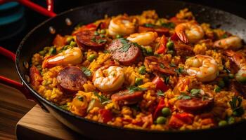 salutare frutti di mare paella cucinato con zafferano riso e fresco verdure generato di ai foto