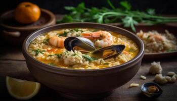 buongustaio frutti di mare pasto cucinato con gambero, cozza, e scampi generato di ai foto