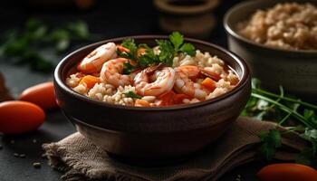 fresco frutti di mare risotto con gamberi, pomodoro, e coriandolo contorno generato di ai foto