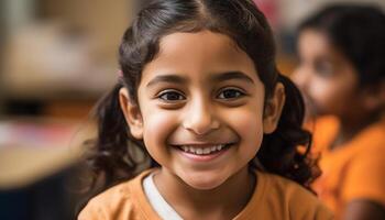 sorridente bambini nel casuale capi di abbigliamento godere apprendimento nel aula insieme generato di ai foto