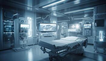moderno ospedale reparto con futuristico attrezzatura e pulito design generato di ai foto