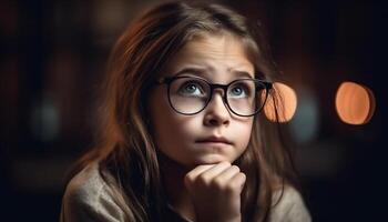 grave giovane donna con lungo Marrone capelli guardare contemplativo in casa generato di ai foto