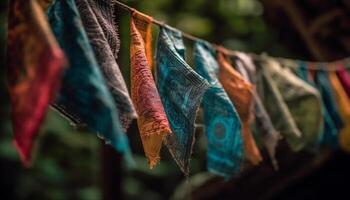 vecchio stile clothesline con Multi colorato indumenti essiccazione nel il estate sole generato di ai foto