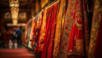 vivace di lana tessile adornano tradizionale est asiatico capi di abbigliamento nel memorizzare generato di ai foto