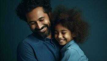 sorridente padre e figlio abbraccio, mostrando affettuoso famiglia bonding generato di ai foto