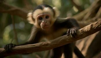 peloso scimmia mangiare su ramo, vicino su ritratto nel foresta generato di ai foto