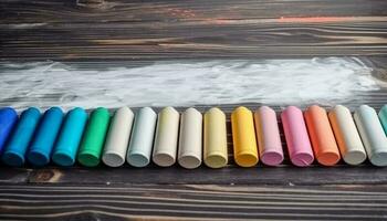 un' colorato arcobaleno di matite disposte su un' di legno tavola generato di ai foto