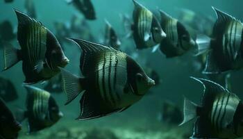 un' scuola di Multi colorato pesce nuotare nel un' tropicale scogliera generato di ai foto