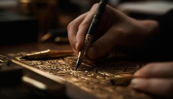 grafia laboratorio adulti Lavorando su calligrafia con antico attrezzatura generato di ai foto