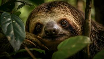 in via di estinzione lemuri nel tropicale foresta Guarda a telecamera con curiosità generato di ai foto