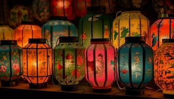 vivace carta lanterne illuminare buio notte nel est asiatico celebrazione generato di ai foto