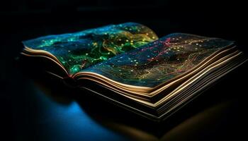 blu Bibbia si illumina saggezza nel antico libro collezione, scintillamento immaginazione generato di ai foto